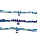 Set Of 3 Blue Evil Eye Beads Multicolor Thread Rakhi For Brother