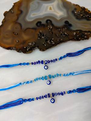 Set Of 3 Navy Blue Evil Eye Beads Multicolor Thread Rakhi For Brother 1