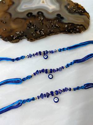 Set Of 3 Navy Blue Evil Eye Beads Multicolor Thread Rakhi For Brother 1