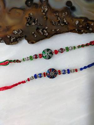 Set Of 2 Tibetan Designer Multicolor Gemstone Silver Beads Thread Rakhi For Brother 1