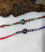 Set Of 2 Tibetan Designer Multicolor Gemstone Silver Beads Thread Rakhi For Brother