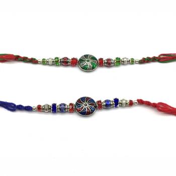 Set Of 2 Tibetan Designer Multicolor Gemstone Silver Beads Thread Rakhi For Brother 2