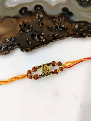Gold Ganesh Ji Rudraksha Tulsi Beads Multicolor Thread Rakhi For Brother 1