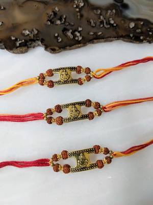 Set Of 3 Gold Ganesh Ji Rudraksha Beads Multicolor Thread Rakhi For Brother 1