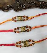 Set Of 3 Gold Ganesh Ji Rudraksha Beads Multicolor Thread Rakhi For Brother
