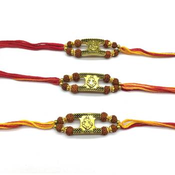 Set Of 3 Gold Ganesh Ji Rudraksha Beads Multicolor Thread Rakhi For Brother 2