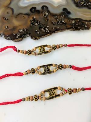 Set Of 3 Gold Om Designer Tulsi Beads Multicolor Thread Rakhi For Brother 1