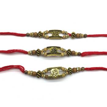 Set Of 3 Gold Om Designer Tulsi Beads Multicolor Thread Rakhi For Brother 2