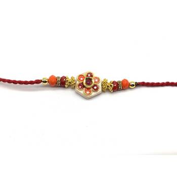 Kundan Flower Multicolor Stone Designer White Pendant Red Thread Rakhi For Brother 1