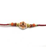 Kundan Flower Multicolor Stone Designer White Pendant Red Thread Rakhi For Brother