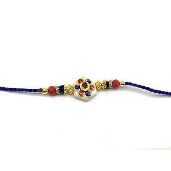 Kundan Flower Multicolor Stone Designer White Pendant Blue Thread Rakhi For Brother 1
