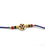 Kundan Flower Multicolor Stone Designer White Pendant Blue Thread Rakhi For Brother