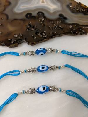 Set Of 3 Blue Evil Eye With Tortoise Designer Silver Beads Thread Rakhi For Brother 1