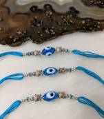 Set Of 3 Blue Evil Eye With Tortoise Designer Silver Beads Thread Rakhi For Brother