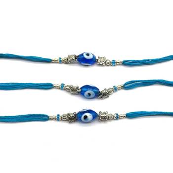 Set Of 3 Blue Evil Eye With Tortoise Designer Silver Beads Thread Rakhi For Brother 2