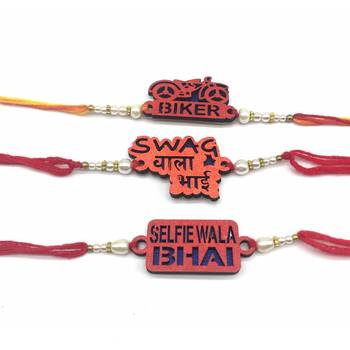 Set Of 3 Swag Wala Bhai/ Biker/ Selfie Wala Bhai Slogan White Pearls Red Thread Rakhi For Men/ Bhaiya/ Bhai 1