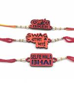 Set Of 3 Swag Wala Bhai/ Biker/ Selfie Wala Bhai Slogan White Pearls Red Thread Rakhi For Men/ Bhaiya/ Bhai