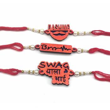 Set Of 3 Dashing/ Brother / Swag Wala Bhai Slogan White Pearls Red Thread Rakhi For Brother 1