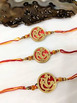 Set Of 3 Gold Plated Ganesh Ji Designer Beads Multicolor Thread Rakhi For Brother 1