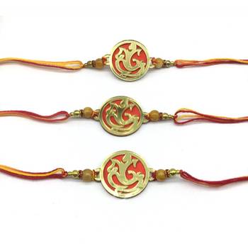 Set Of 3 Gold Plated Ganesh Ji Designer Beads Multicolor Thread Rakhi For Brother 2