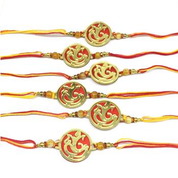 Set Of 6 Gold Plated Ganesh Ji Designer Beads Multicolor Thread Rakhi For Brother 2