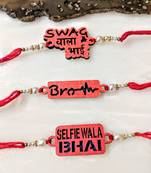 Set Of 3 Selfie Wala Bhai/ Brother / Swag Wala Bhai Slogan White Pearls Red Thread Rakhi For Men/ Bhaiya