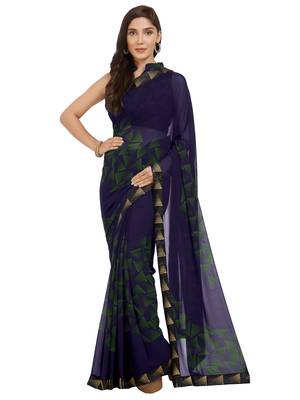 Navy blue printed faux georgette saree with blouse 1