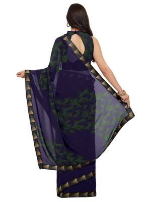 Navy blue printed faux georgette saree with blouse 2