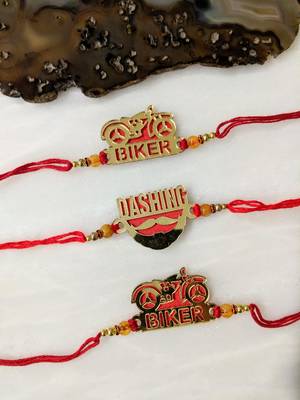 Set Of 3 Gold Gold Dashing/ Biker Slogan Beads Red Thread Rakhi For Brother 1
