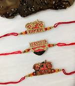 Set Of 3 Gold Gold Dashing/ Biker Slogan Beads Red Thread Rakhi For Brother