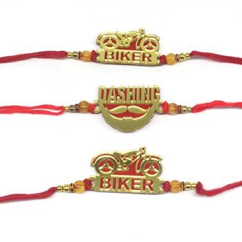 Set Of 3 Gold Gold Dashing/ Biker Slogan Beads Red Thread Rakhi For Brother 2