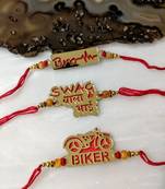 Set Of 3 Gold Gold Biker/ Brother/ Swag Wala Bhai Slogan Beads Red Thread Rakhi For Brother