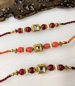 Set Of 3 Kundan Stone Red And Orange Beads Multicolor Thread Rakhi For Brother