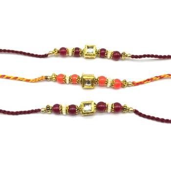 Set Of 3 Kundan Stone Red And Orange Beads Multicolor Thread Rakhi For Brother 2