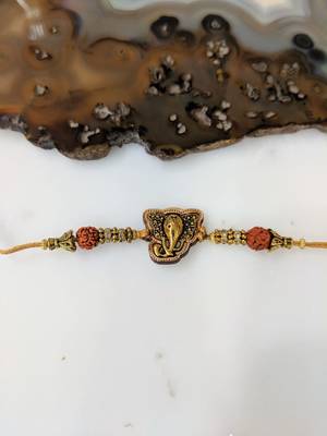 Gold Plated Ganesh Ji Designer Rudraksha Beads Thread Rakhi For Brother 1