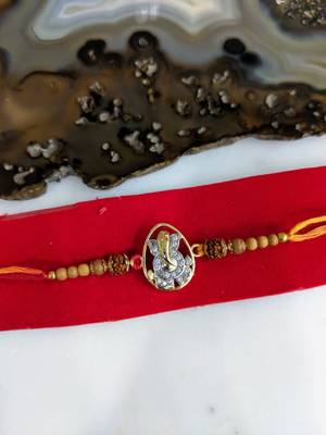 Gold Plated Stone Ganesh Ji Designer Rudraksha Beads Thread Rakhi For Brother 1