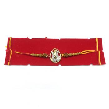 Gold Plated Stone Ganesh Ji Designer Rudraksha Beads Thread Rakhi For Brother 2
