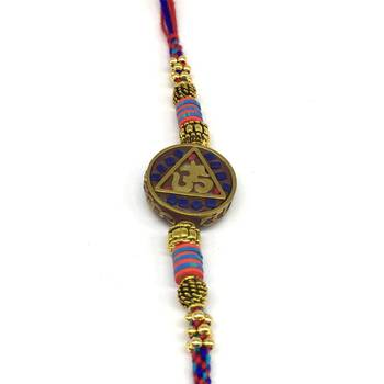 Gold Round Om Designer Pendant Beads Multicolor Thread Rakhi Set For Brother 1