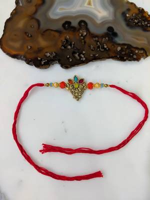 Gold Plated Flower Multicolor Gemstone Beads Red Thread Rakhi For Men Brother 1