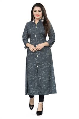 Dark-Grey Printed Cotton Ethnic-Kurtis 1