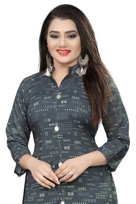 Dark-Grey Printed Cotton Ethnic-Kurtis 4
