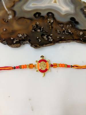 Gold Plated Tortoise Om Designer Multicolor Beads Thread Rakhi For Brother 1