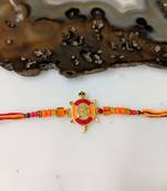 Gold Plated Tortoise Om Designer Multicolor Beads Thread Rakhi For Brother