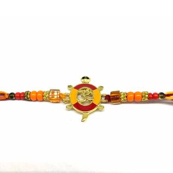 Gold Plated Tortoise Om Designer Multicolor Beads Thread Rakhi For Brother 2