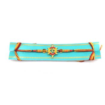 Gold Plated Tortoise Om Designer Multicolor Beads Thread Rakhi For Brother 3