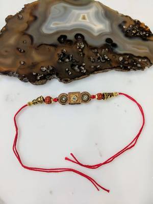 Wood Pendant Stone Rudraksh Gold Beads Multicolor Thread Rakhi For Brother 1
