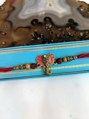 Gold Plated Ganesh Ji Rudraksha Wood Beads Multicolor Thread Rakhi For Brother 1