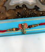 Gold Plated Ganesh Ji Rudraksha Wood Beads Multicolor Thread Rakhi For Brother