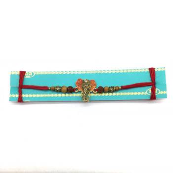 Gold Plated Ganesh Ji Rudraksha Wood Beads Multicolor Thread Rakhi For Brother 2