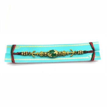 Tibetan Designer Gold Plated Green Gemstone Multicolor Thread Rakhi For Brother 2